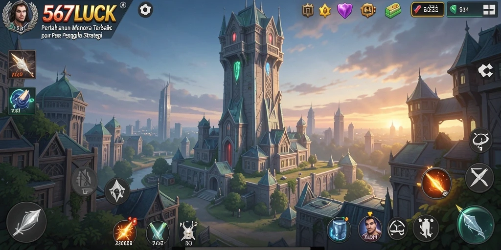 Screenshot gameplay 567LUCK menampilkan pertahanan menara yang strategis.