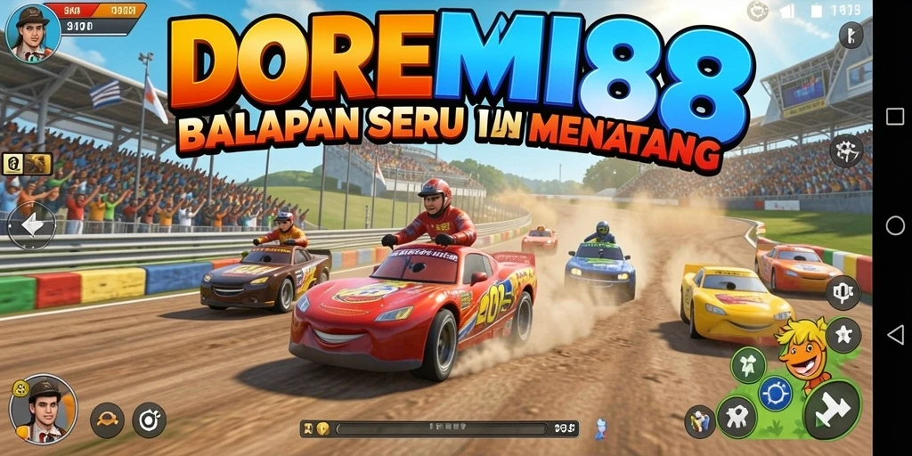Screenshot DOREMI88 menunjukkan aksi balapan mendebarkan dan mobil yang keren.