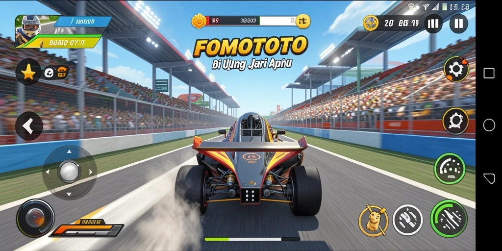 Gameplay menarik dari FOMOTOTO dengan mobil balap yang melaju kencang di lintasan.