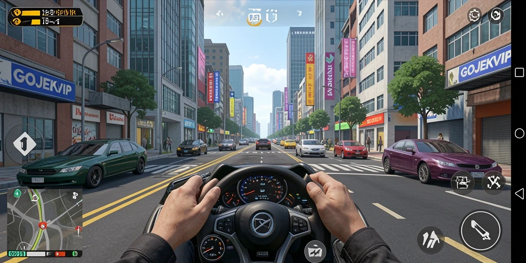 Tangkapan layar gameplay GOJEKVIP menampilkan aksi mengemudi yang mendebarkan.