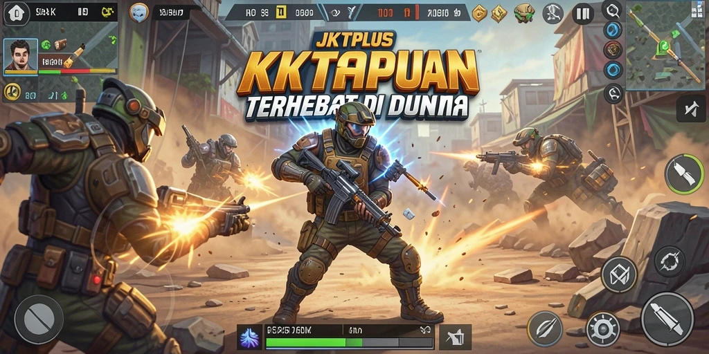 Screenshot gameplay JKTPLUS menampilkan pertempuran mendebarkan di pulau yang menantang.
