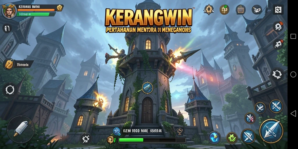 Tangkapan layar KERANGWIN menampilkan gameplay Tower Defense yang mendebarkan.
