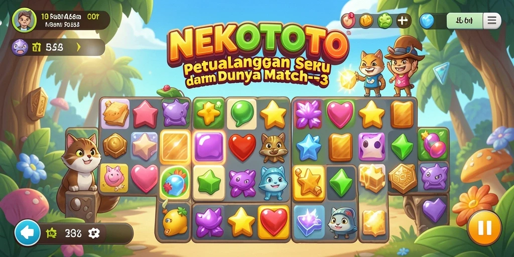 Tampilan gameplay seru dalam NEKOTOTO dengan level Match-3 yang menantang.