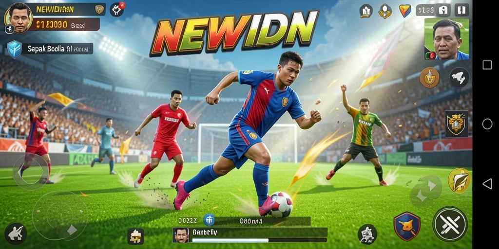 Tampilan gameplay seru dari NEWIDN dengan aksi sepak bola realistis.