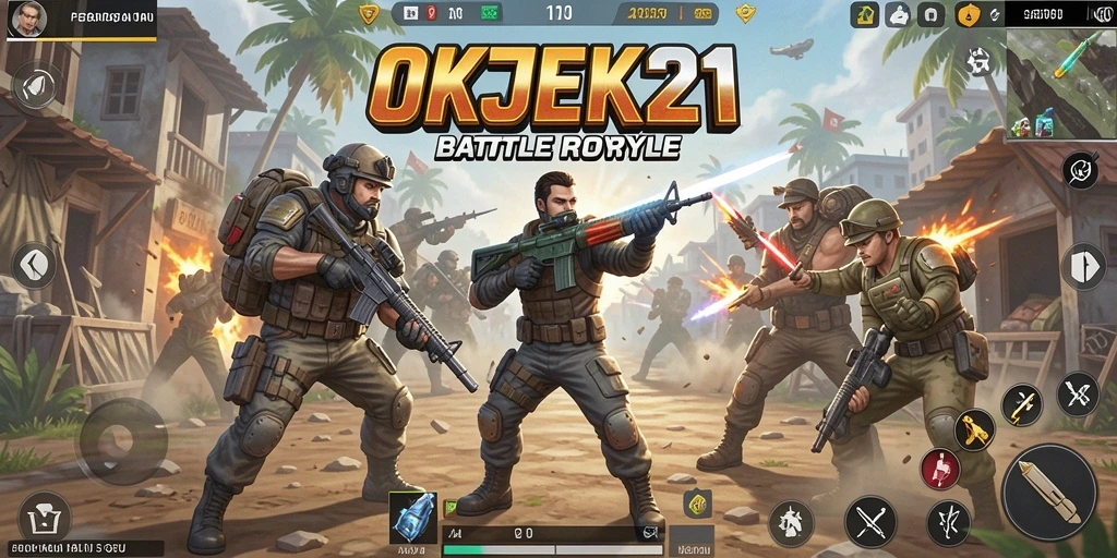 Screenshot utama gameplay OKJEK21 menunjukkan aksi seru dalam pertarungan Battle Royale.
