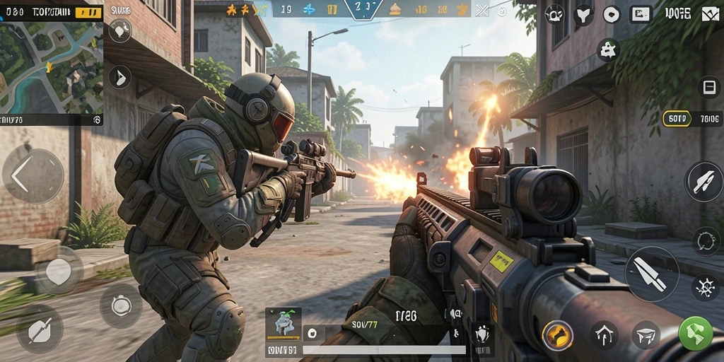 Screenshot gameplay SOV777 menunjukkan aksi tembak-menembak yang intens.