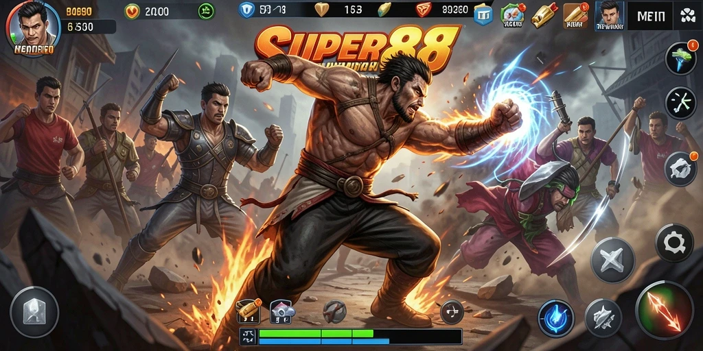 Gameplay SUPER88 yang mengasyikkan dan penuh aksi pertarungan.