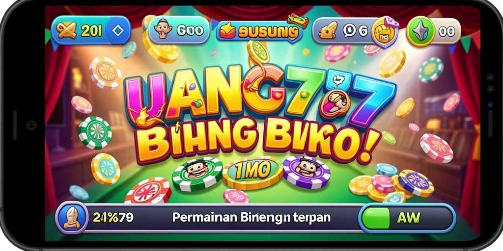 Tampilan gameplay UANG77 dengan pemain aktif dan kartu Bingo yang berwarna.